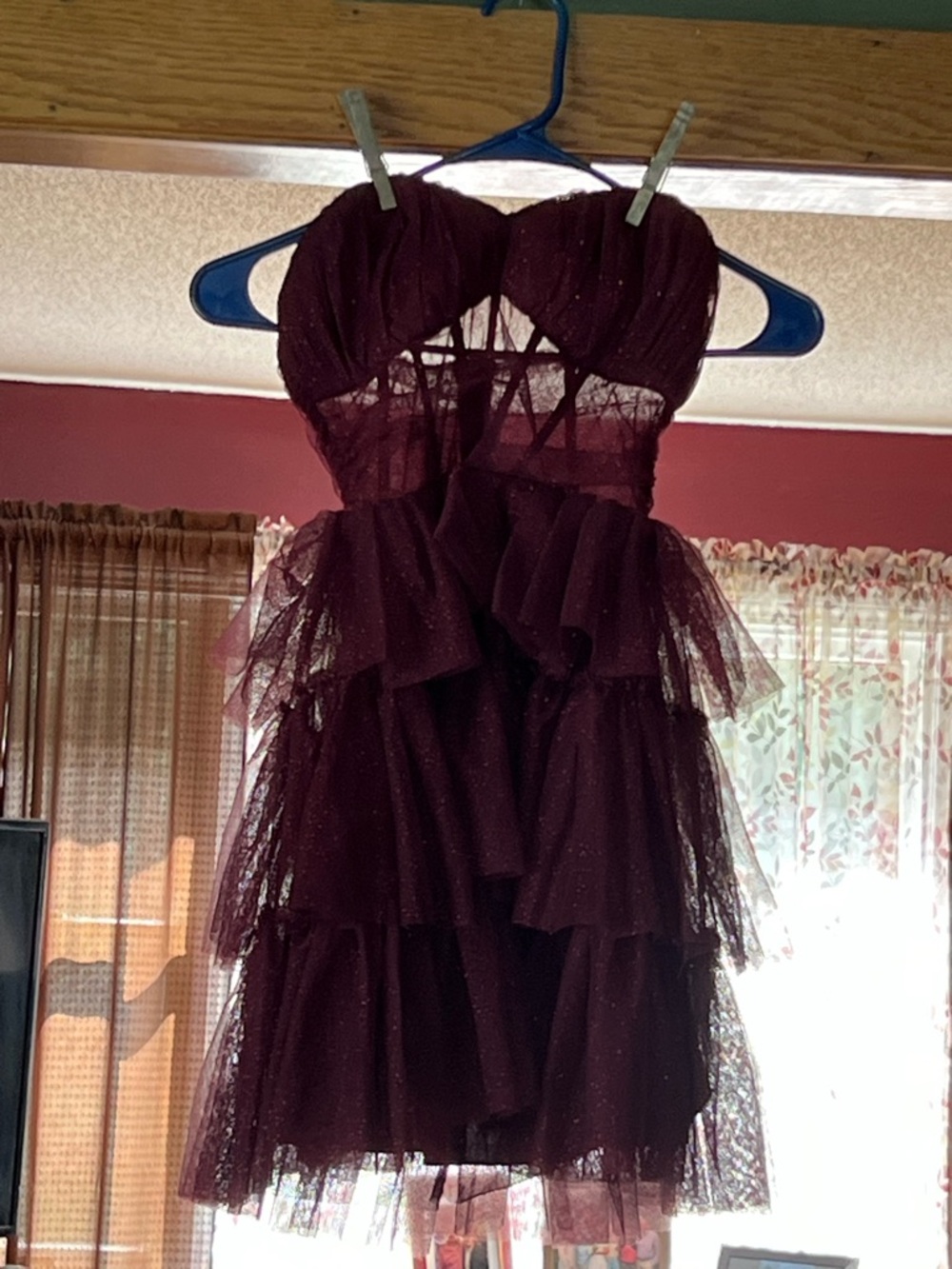 Strapless Burgundy Tiered Tulle Party Dress